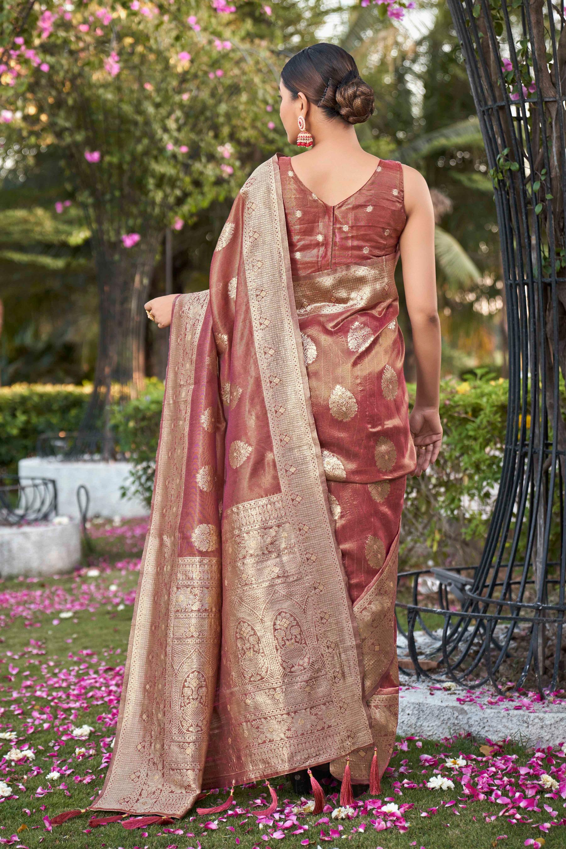 Rust Shimmer Silk Woven Work Fancy Saree - Monjolika Fashion
