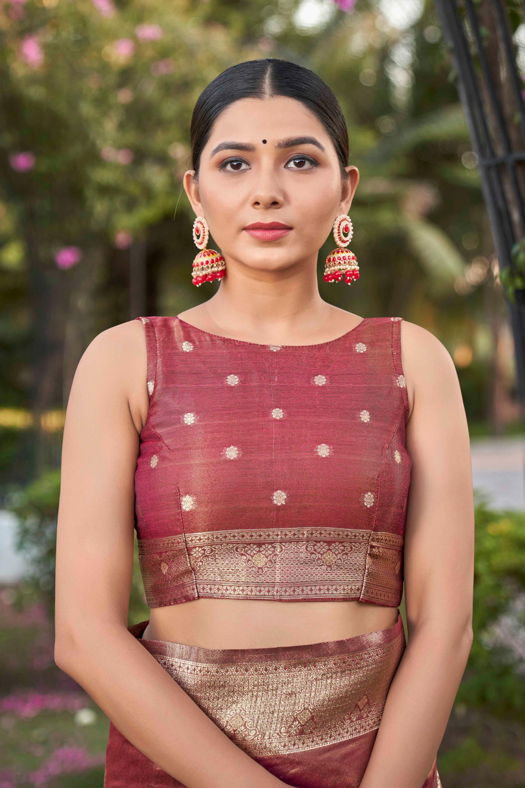 Rust Shimmer Silk Woven Work Fancy Saree - Monjolika Fashion