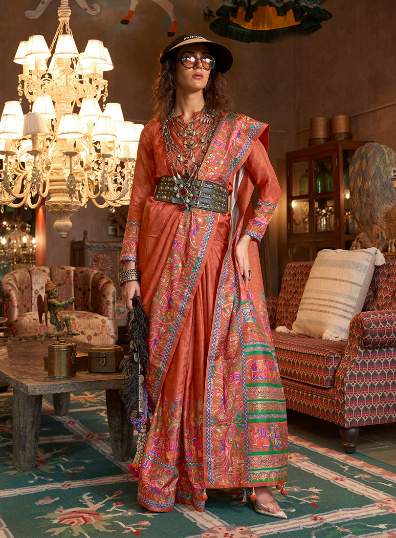 Rust Silk Luxury Print With Glory Finish Ceremonial Saree