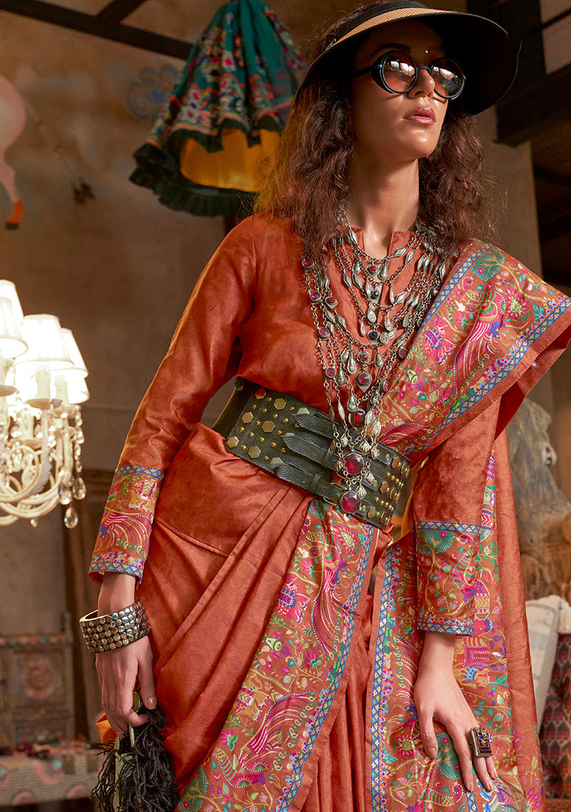 Rust Silk Luxury Print With Glory Finish Ceremonial Saree