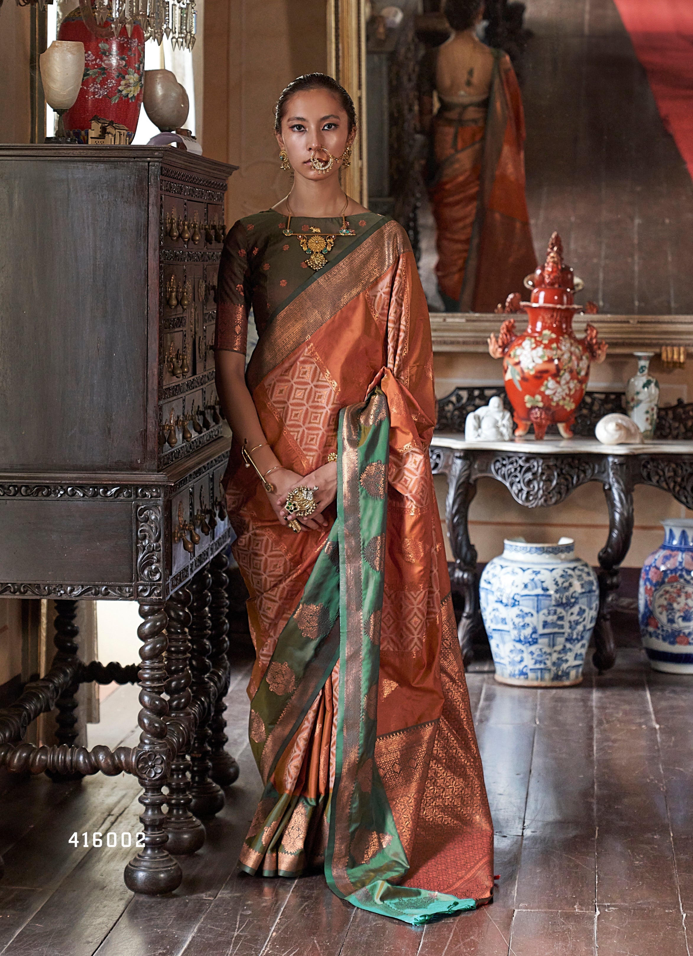 Rust Zari Woven Work Silk Indian Traditional Wear Saree
