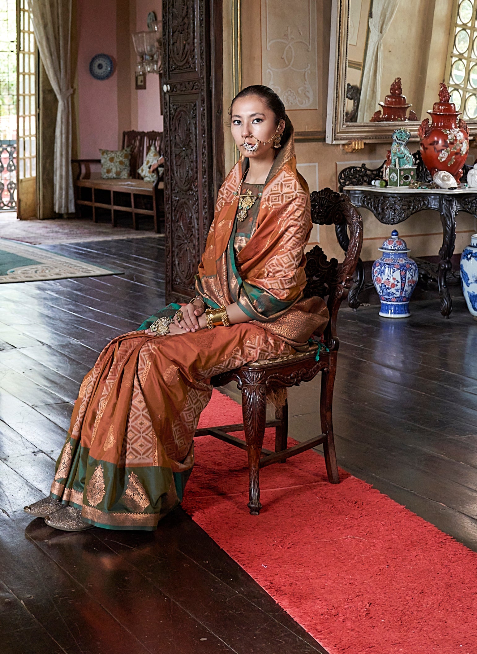 Rust Zari Woven Work Silk Indian Traditional Wear Saree