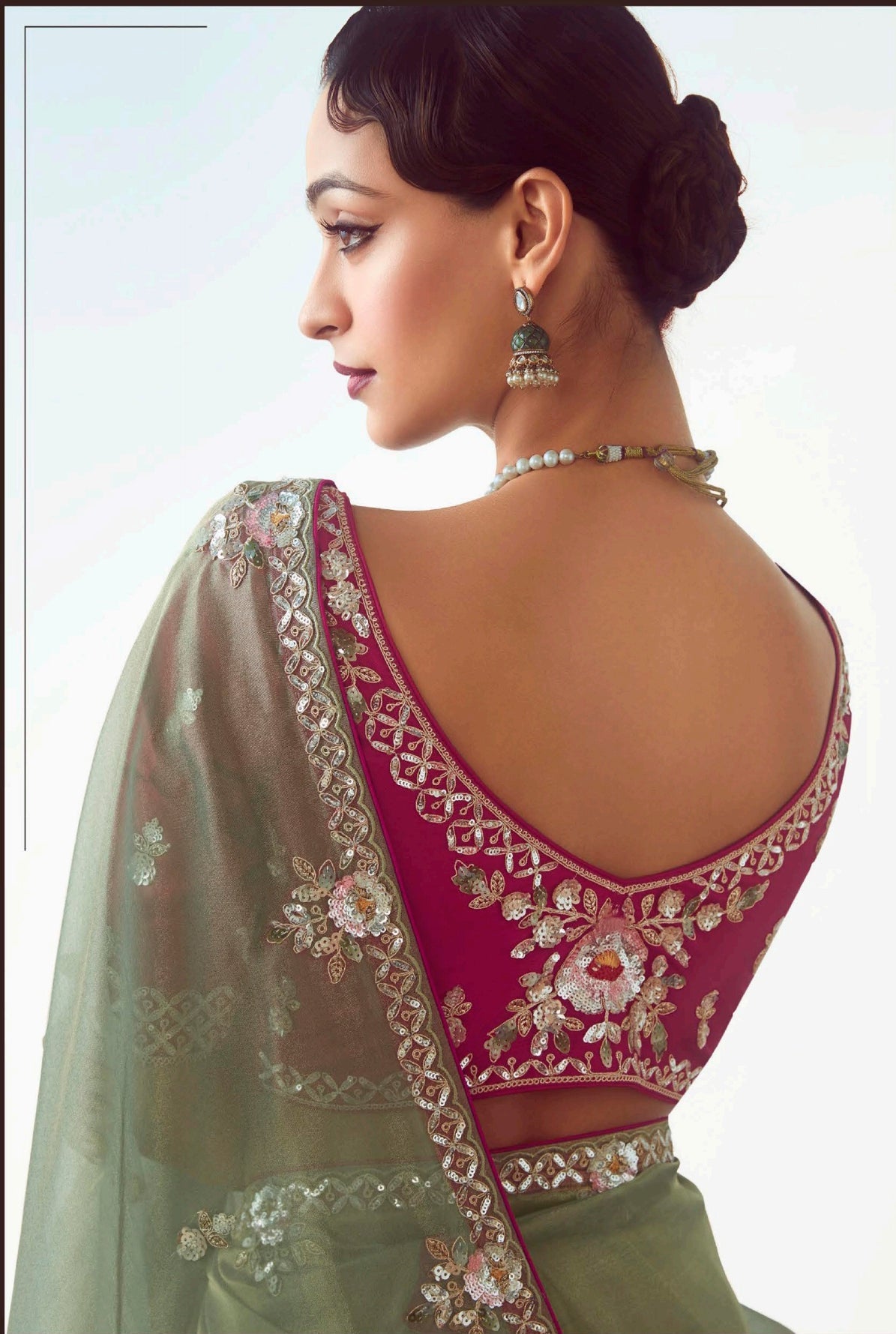 Sage Green Embroidered Cut Work Fancy Fabric Ceremonial Designer Saree
