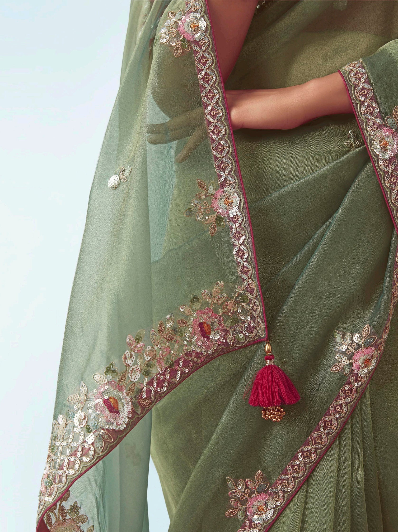 Sage Green Embroidered Cut Work Fancy Fabric Ceremonial Designer Saree