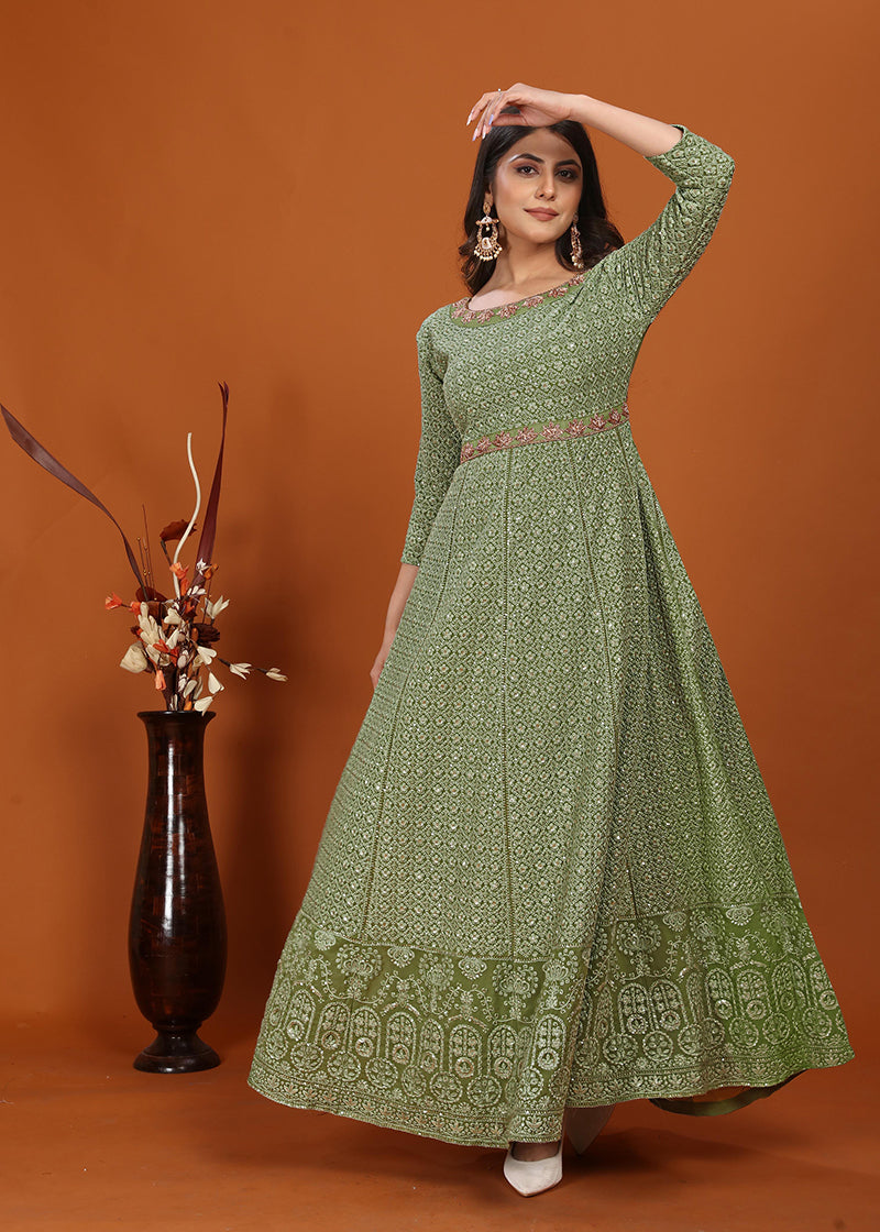 Sage Green Faux Georgette Embroidered Readymade Gown