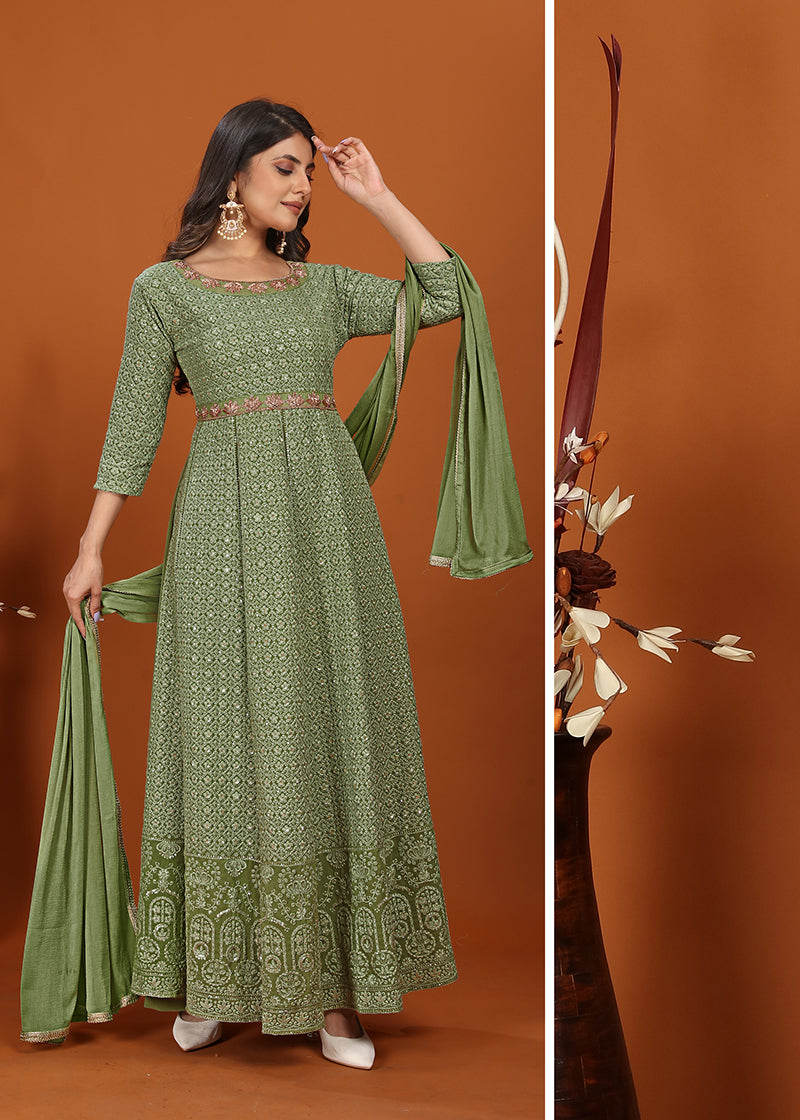 Sage Green Faux Georgette Embroidered Readymade Gown