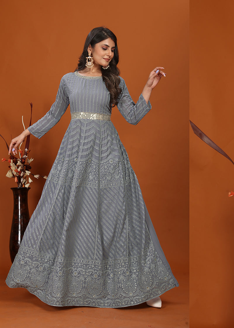 Grey Faux Georgette Embroidered Readymade Gown