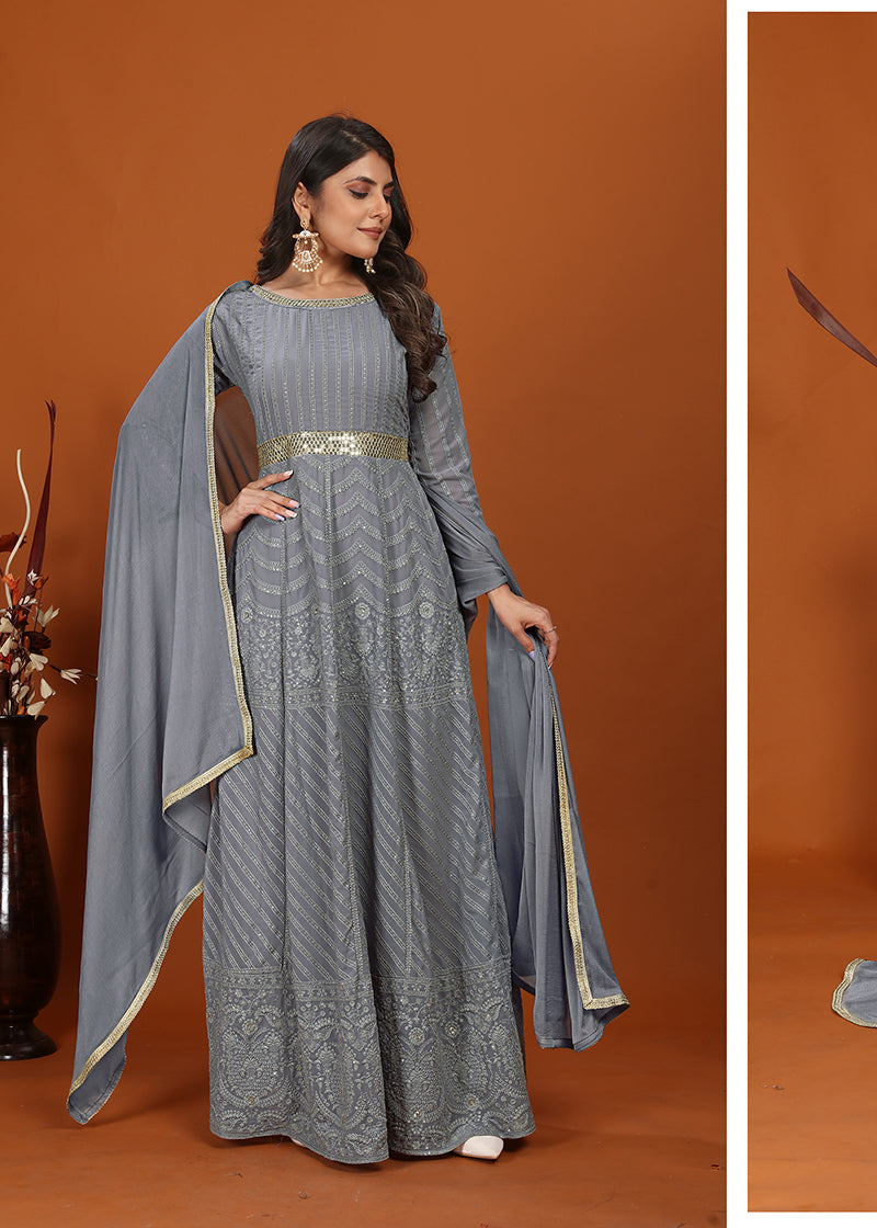 Grey Faux Georgette Embroidered Readymade Gown
