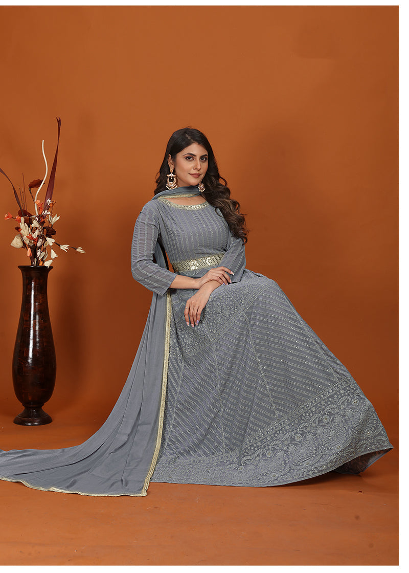 Grey Faux Georgette Embroidered Readymade Gown