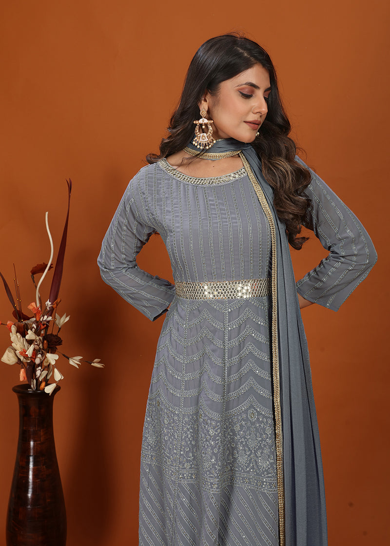 Grey Faux Georgette Embroidered Readymade Gown