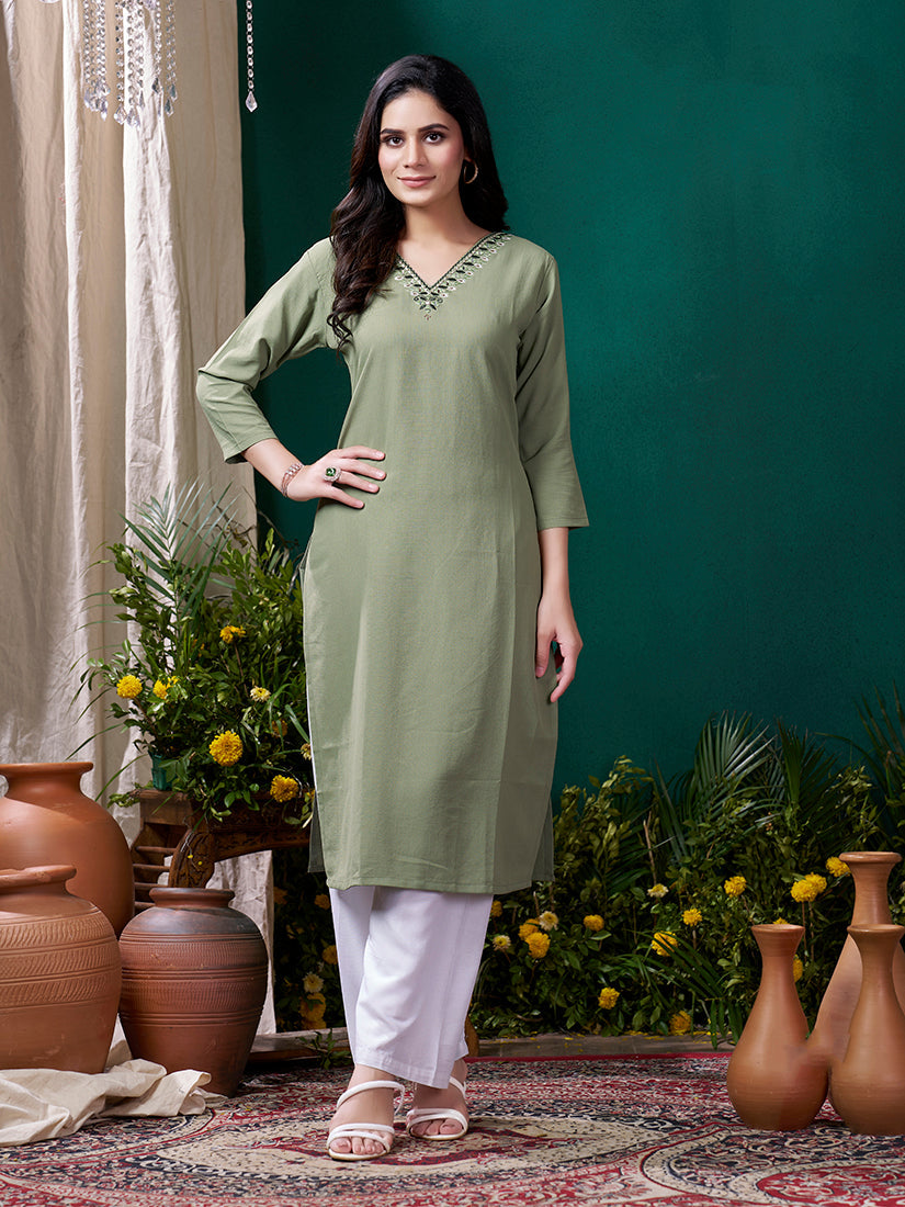 Sage Green Maaza Cotton Handwork with Pocket Causal Kurti