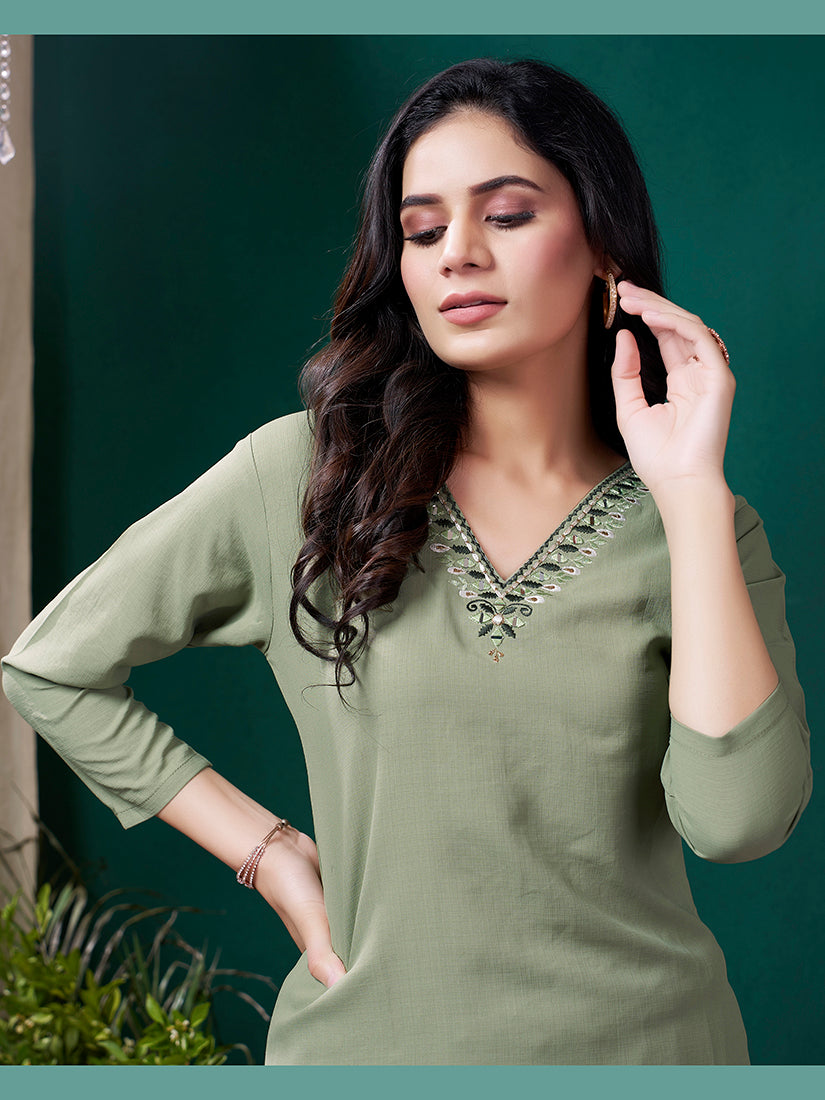 Sage Green Maaza Cotton Handwork with Pocket Causal Kurti