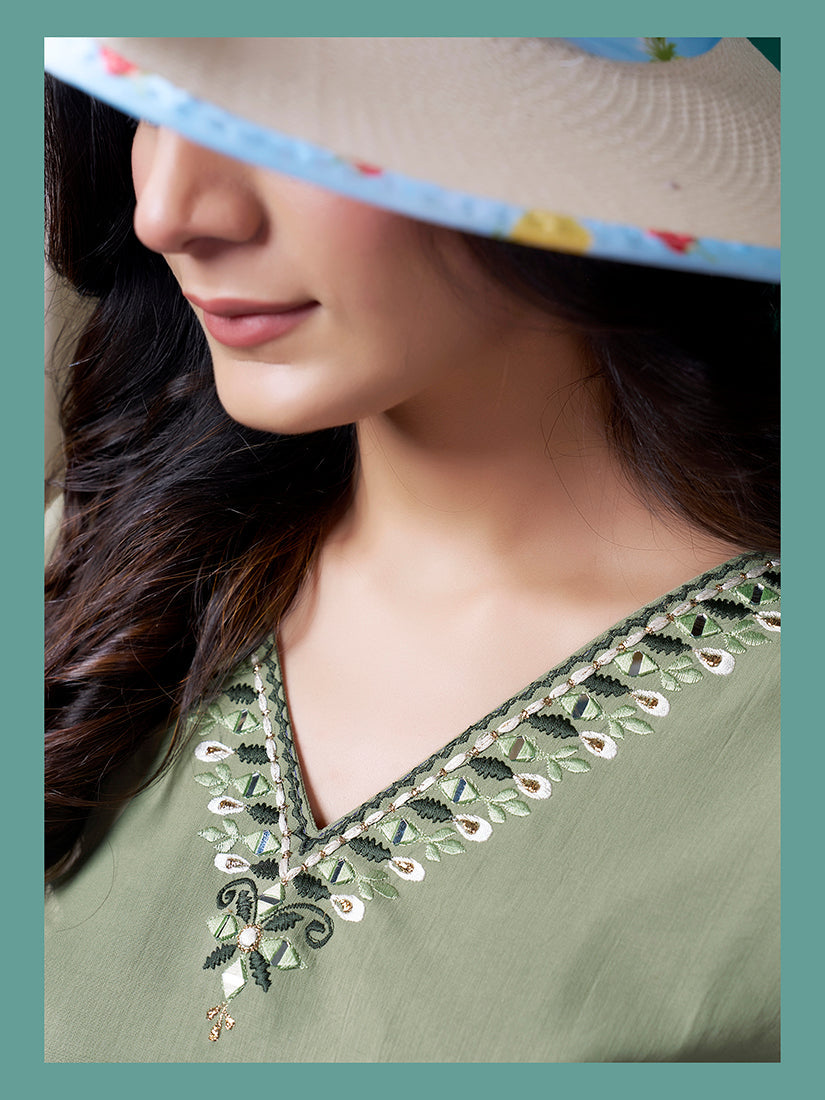 Sage Green Maaza Cotton Handwork with Pocket Causal Kurti