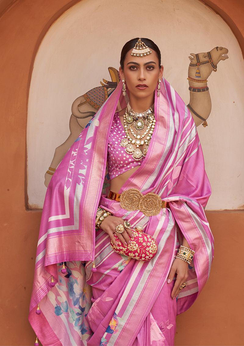 Pink Silk Blend Weaving Printed Saree With Blouse