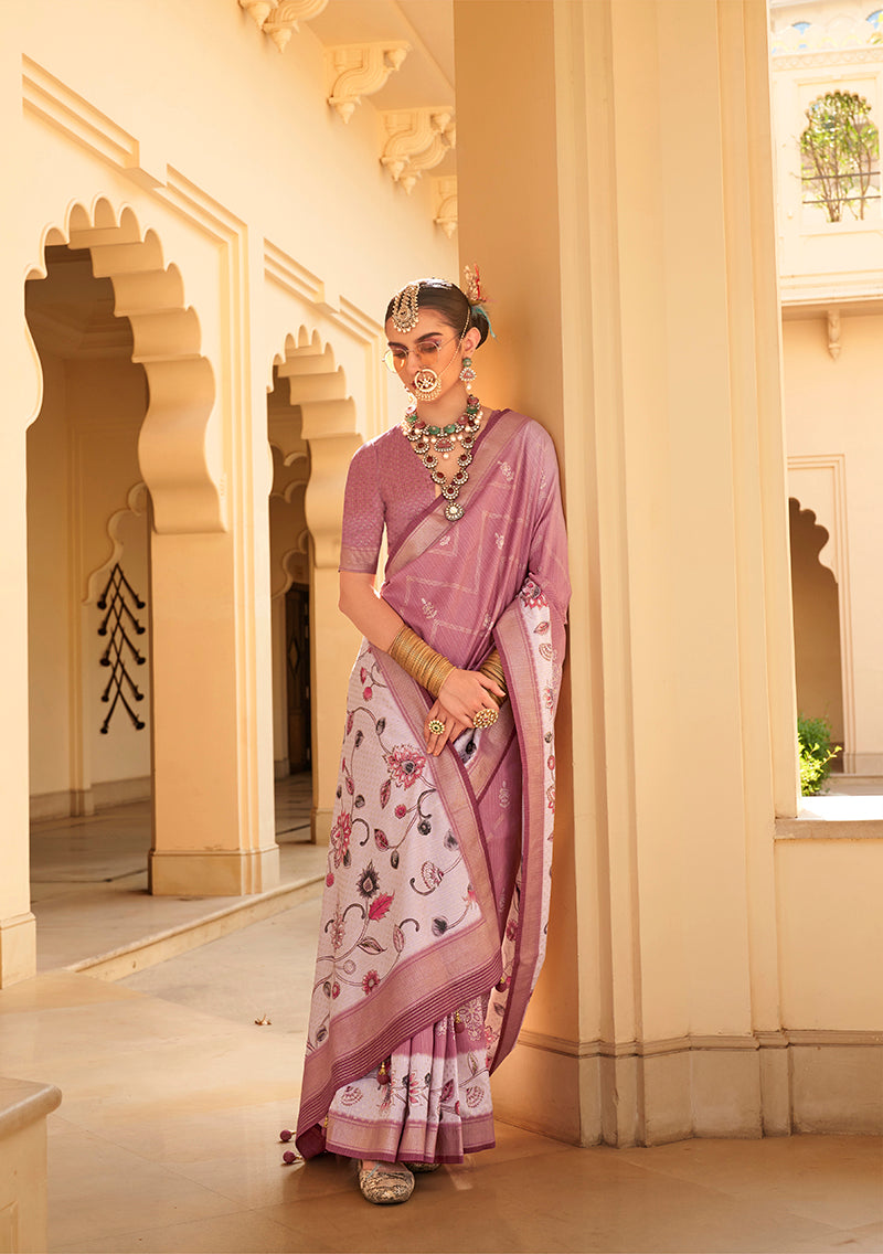 Onion Pink Silk Foil Print Saree With Floral Pallu