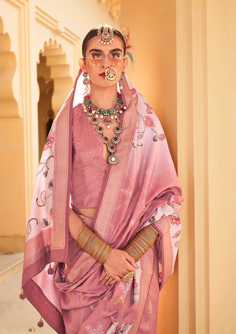 Onion Pink Silk Foil Print Saree With Floral Pallu