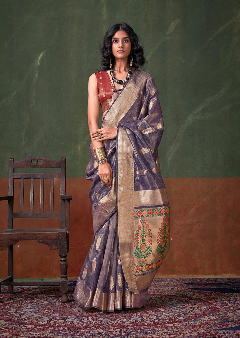 Lavender Tissue Silk Zari Woven Saree With Paithani Style Pallu