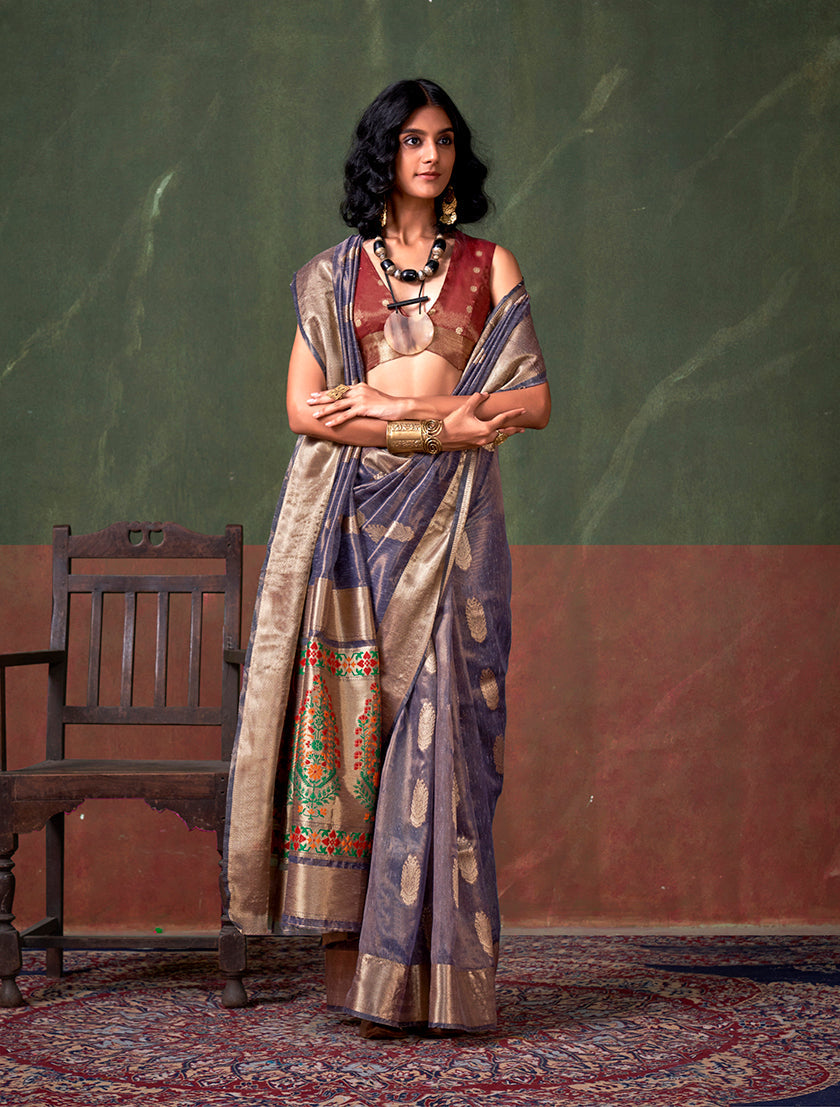 Lavender Tissue Silk Zari Woven Saree With Paithani Style Pallu