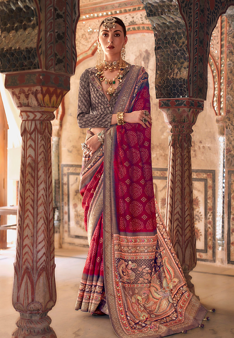 Crimson Red Viscose Silk Printed Traditional Saree