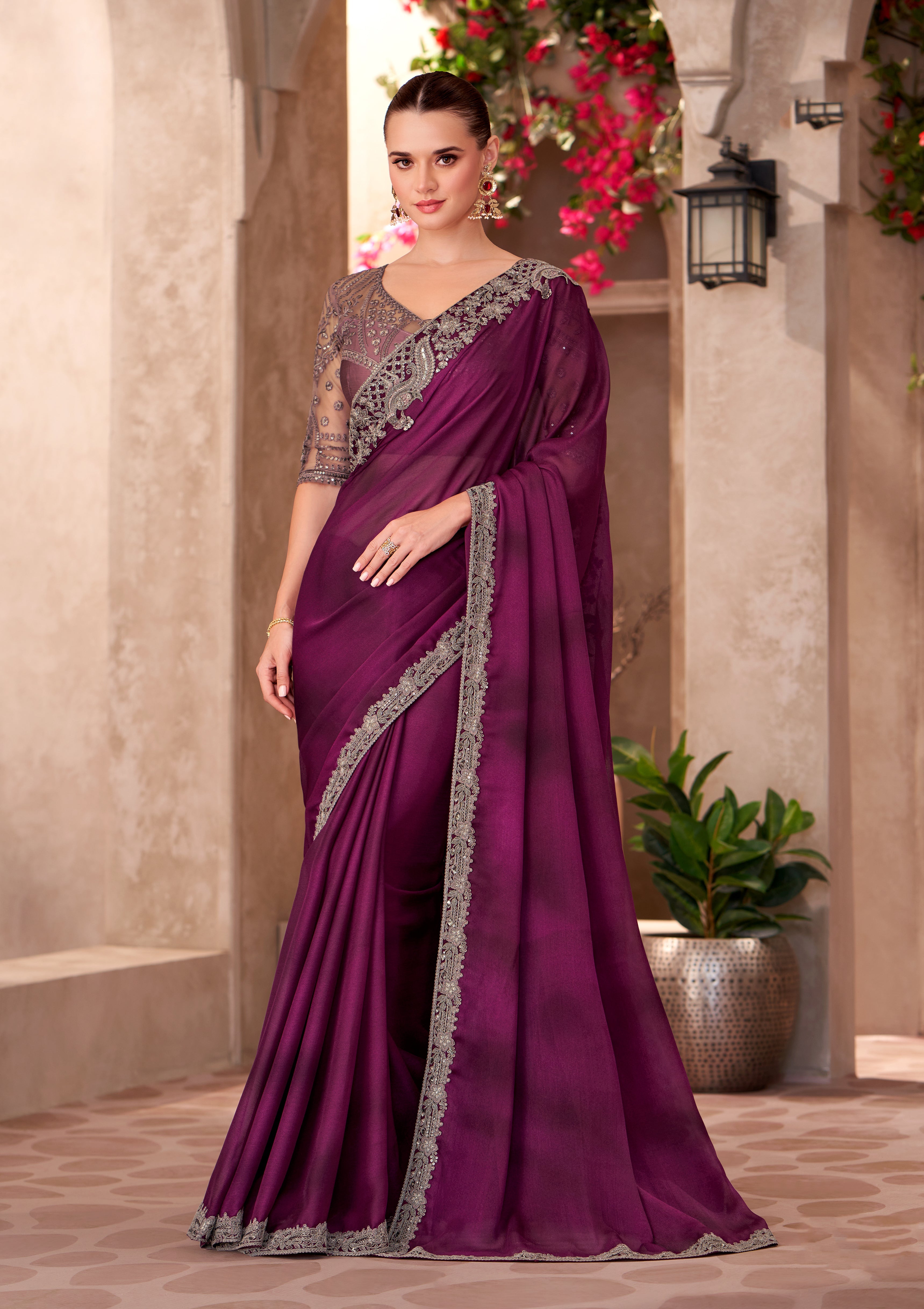 Satin Chiffon Party wear Saree Burgundy Color With Embroidery Work