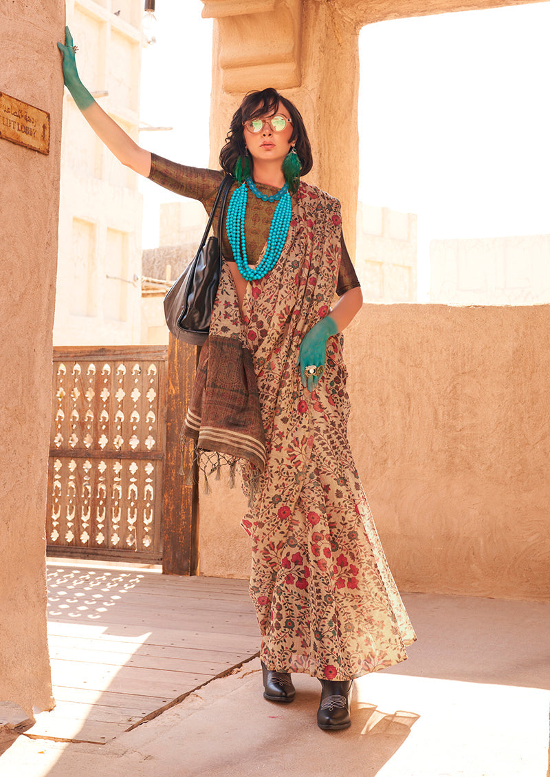 Beige Classic Printed Tissue Saree with Zari Detailing