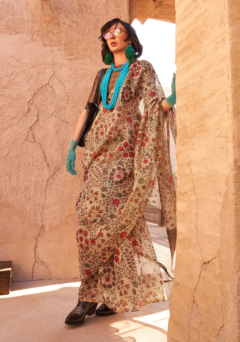 Beige Classic Printed Tissue Saree with Zari Detailing