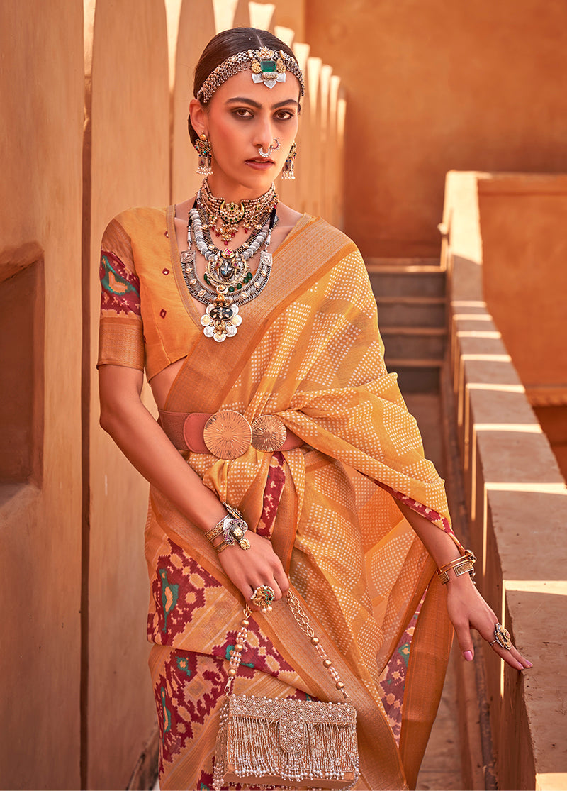 Mustard Cotton Silk Foil Print Work Saree