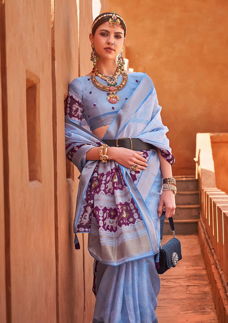 Sky Blue Cotton Silk Foil Print Work Saree