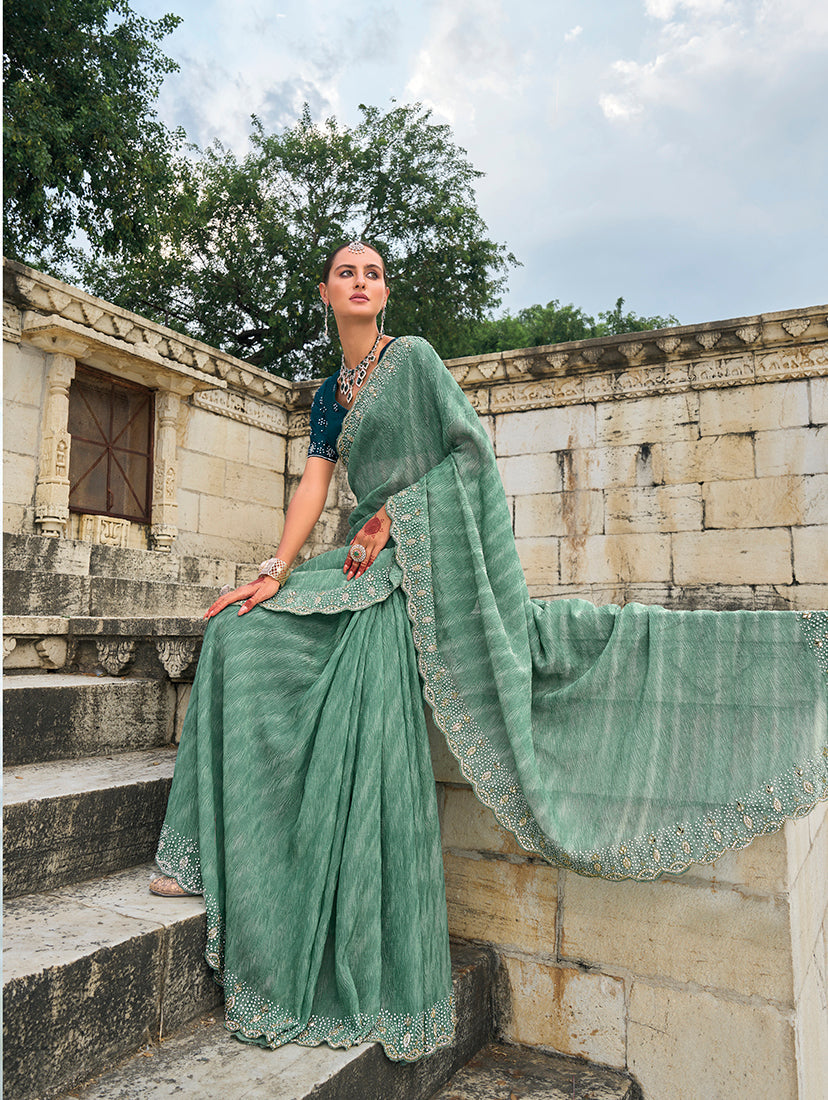 Sea Green Crush Tissue Silk Cutdana Work Saree
