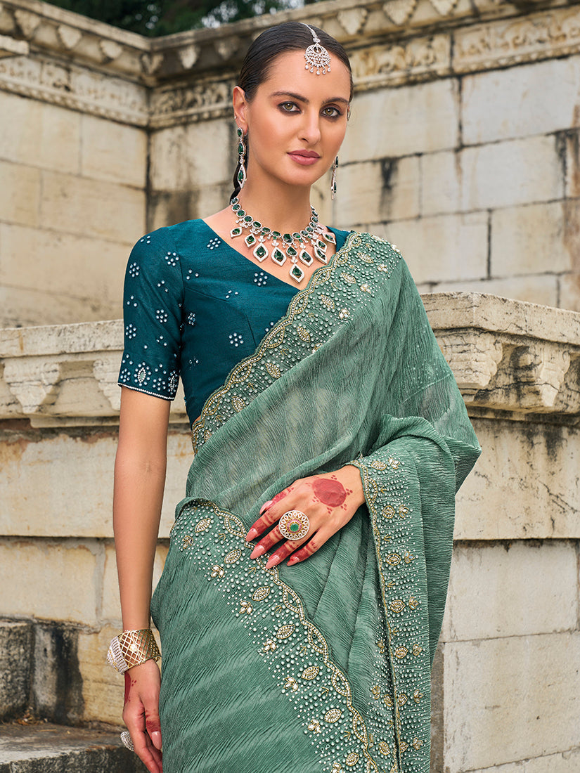 Sea Green Crush Tissue Silk Cutdana Work Saree