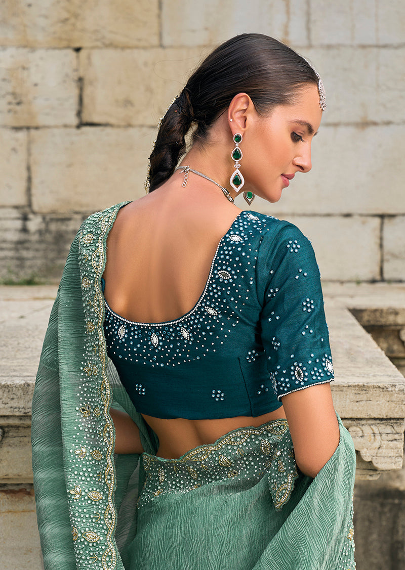 Sea Green Crush Tissue Silk Cutdana Work Saree