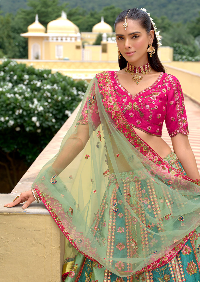 Sea Green Designer Embroidered Work Fancy Silk Wedding Lehenga Choli