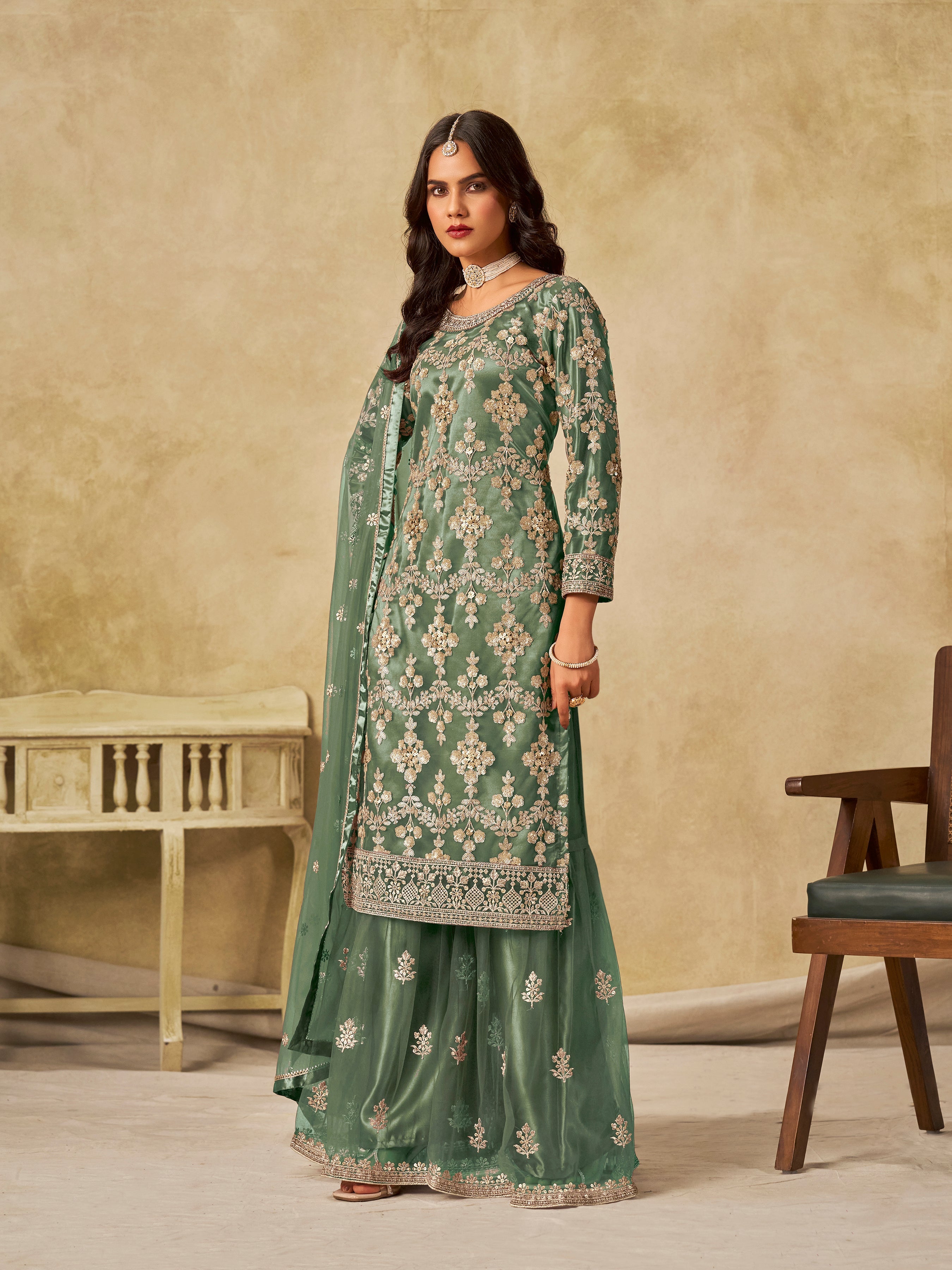 Sea Green Embroidered Sequins Work Net Palazzo Salwar Kameez
