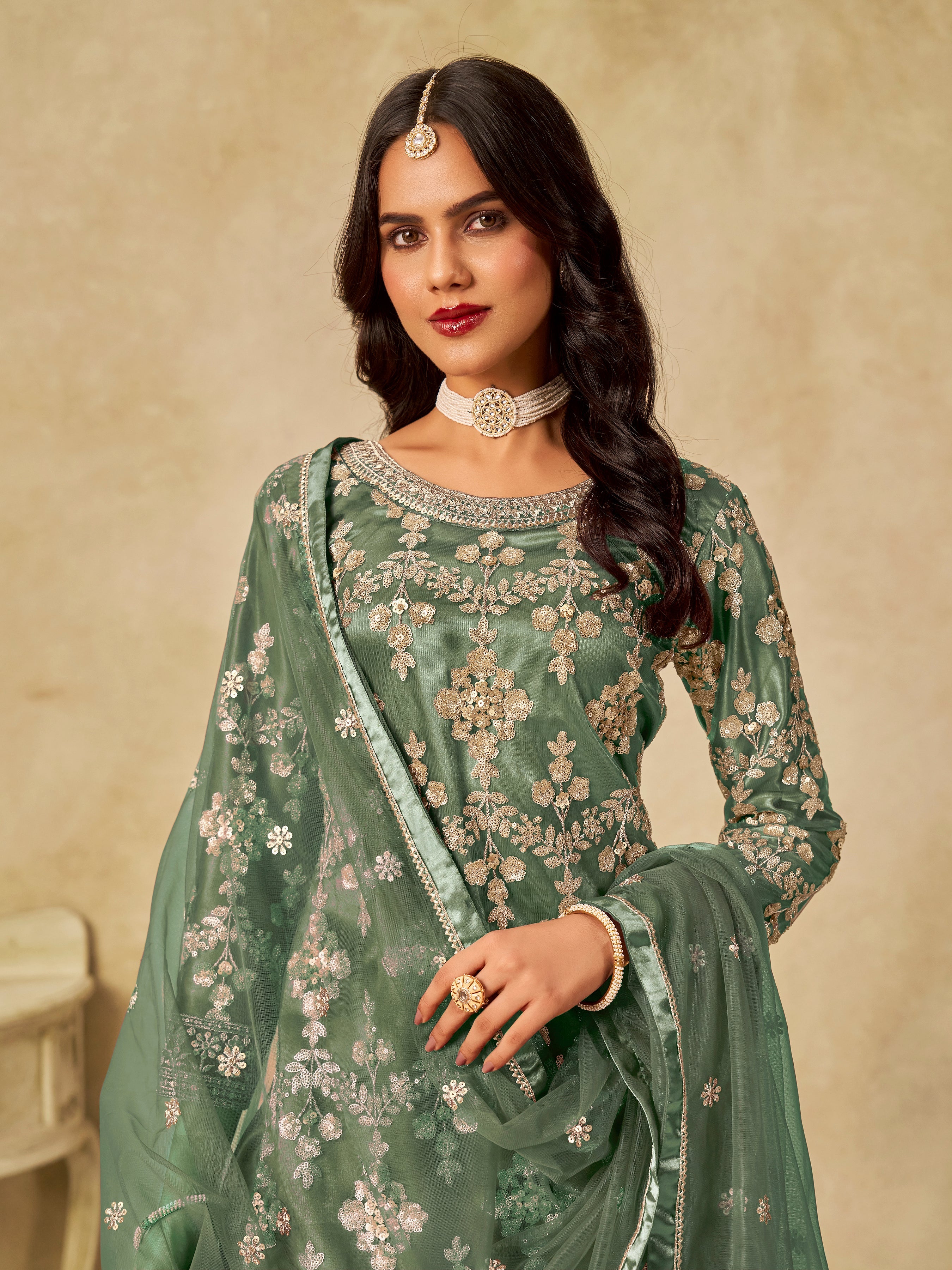Sea Green Embroidered Sequins Work Net Palazzo Salwar Kameez
