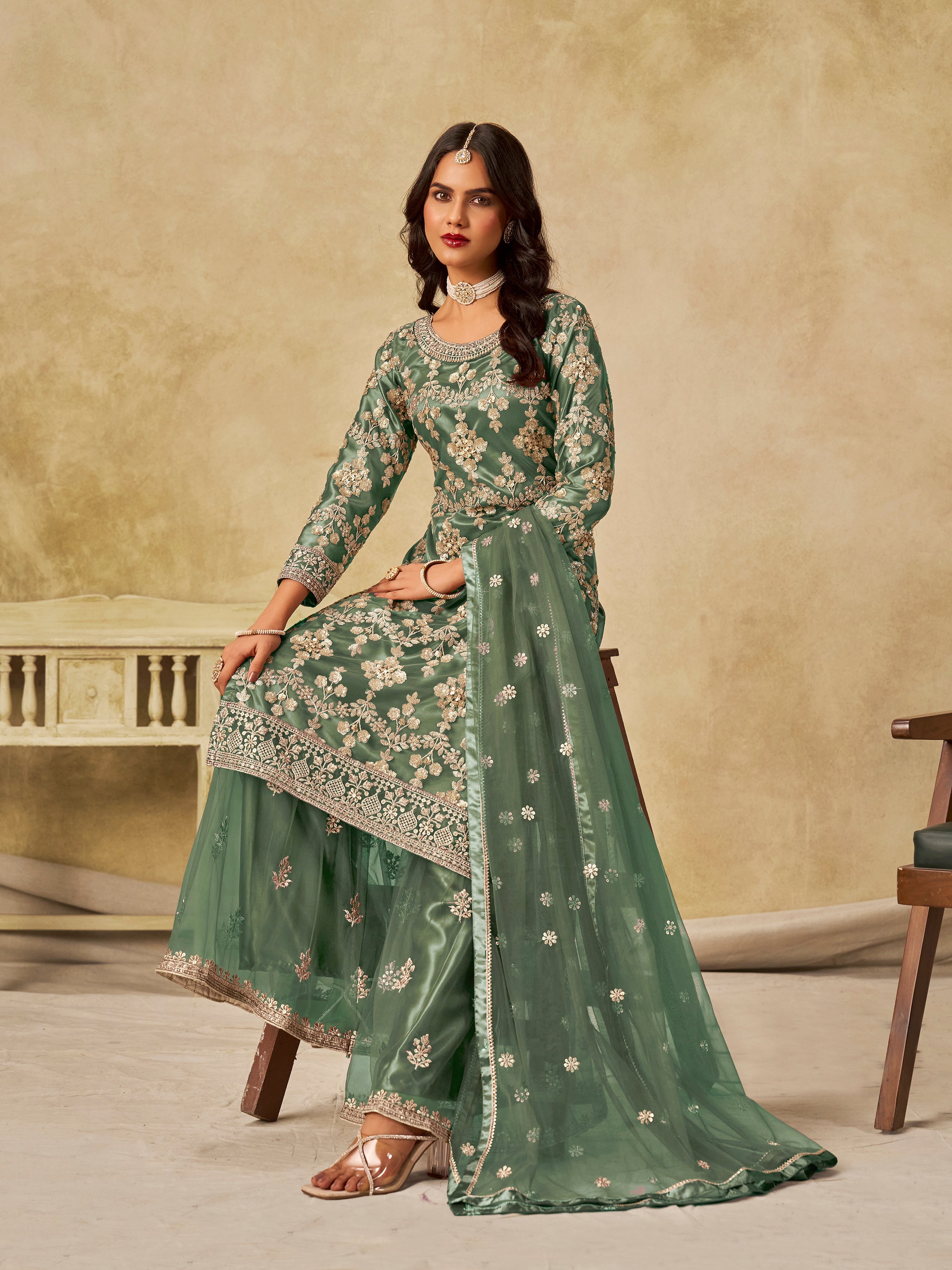 Sea Green Embroidered Sequins Work Net Palazzo Salwar Kameez