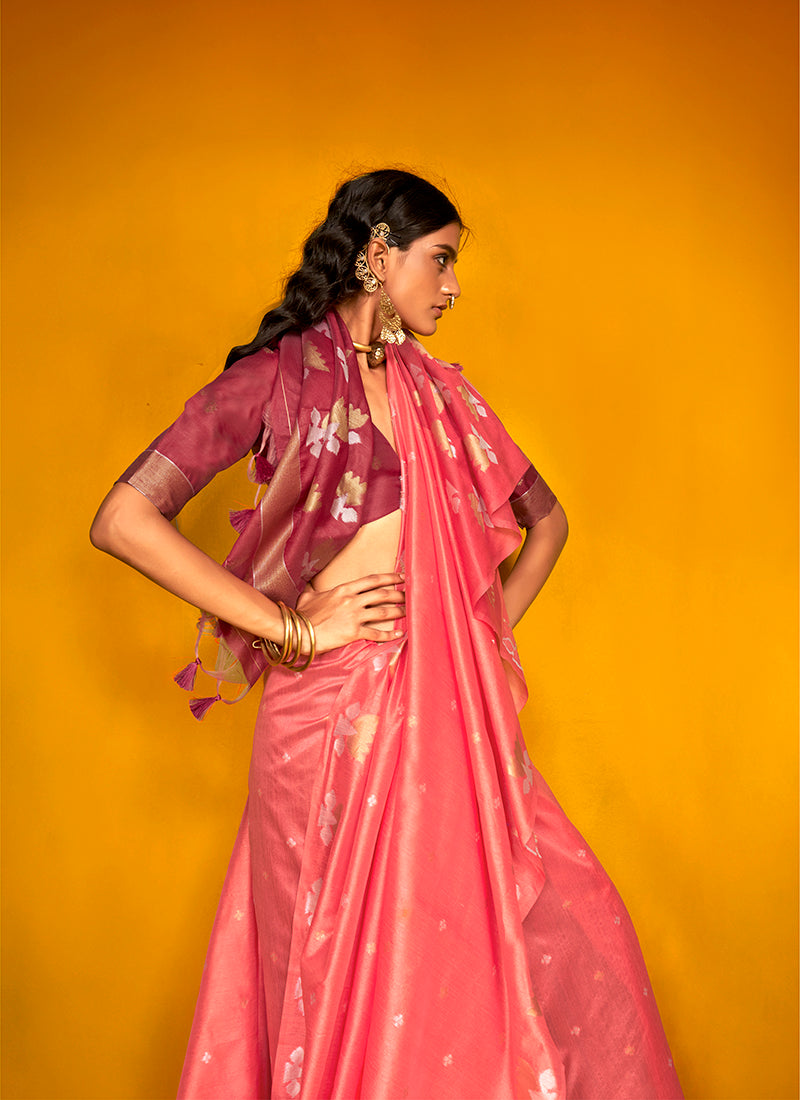 Salmon Festive Tussar Silk Saree with Intricate Zari Work