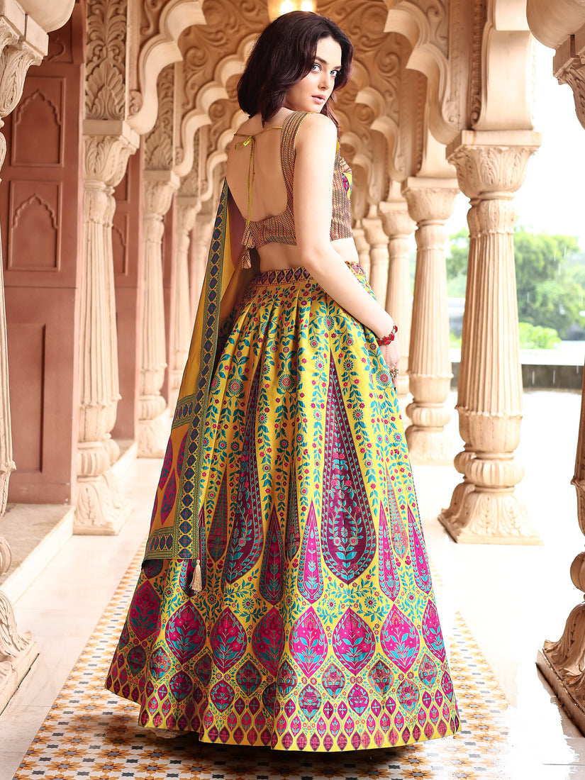 Lime Yellow Kanjivaram Silk Weaving Zari Lehenga Choli
