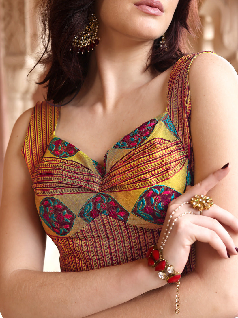 Lime Yellow Kanjivaram Silk Weaving Zari Lehenga Choli