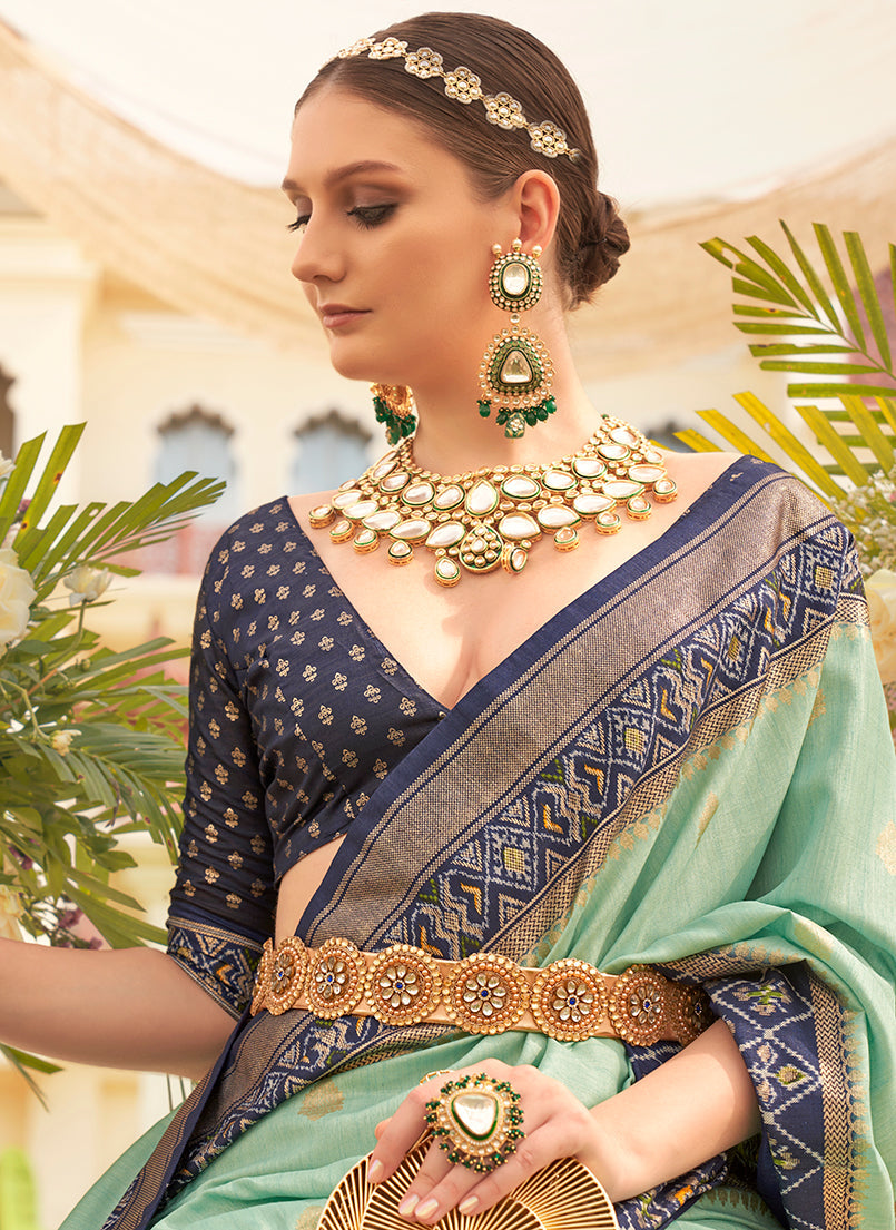 Sea Green & Navy Blue Silk patola Printed Saree
