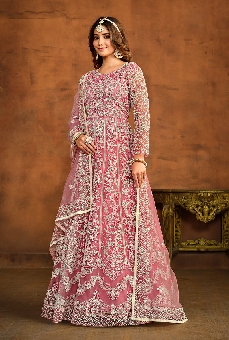Light Pink Net Designer Floor Length Anarkali Suit - Monjolika Fashion
