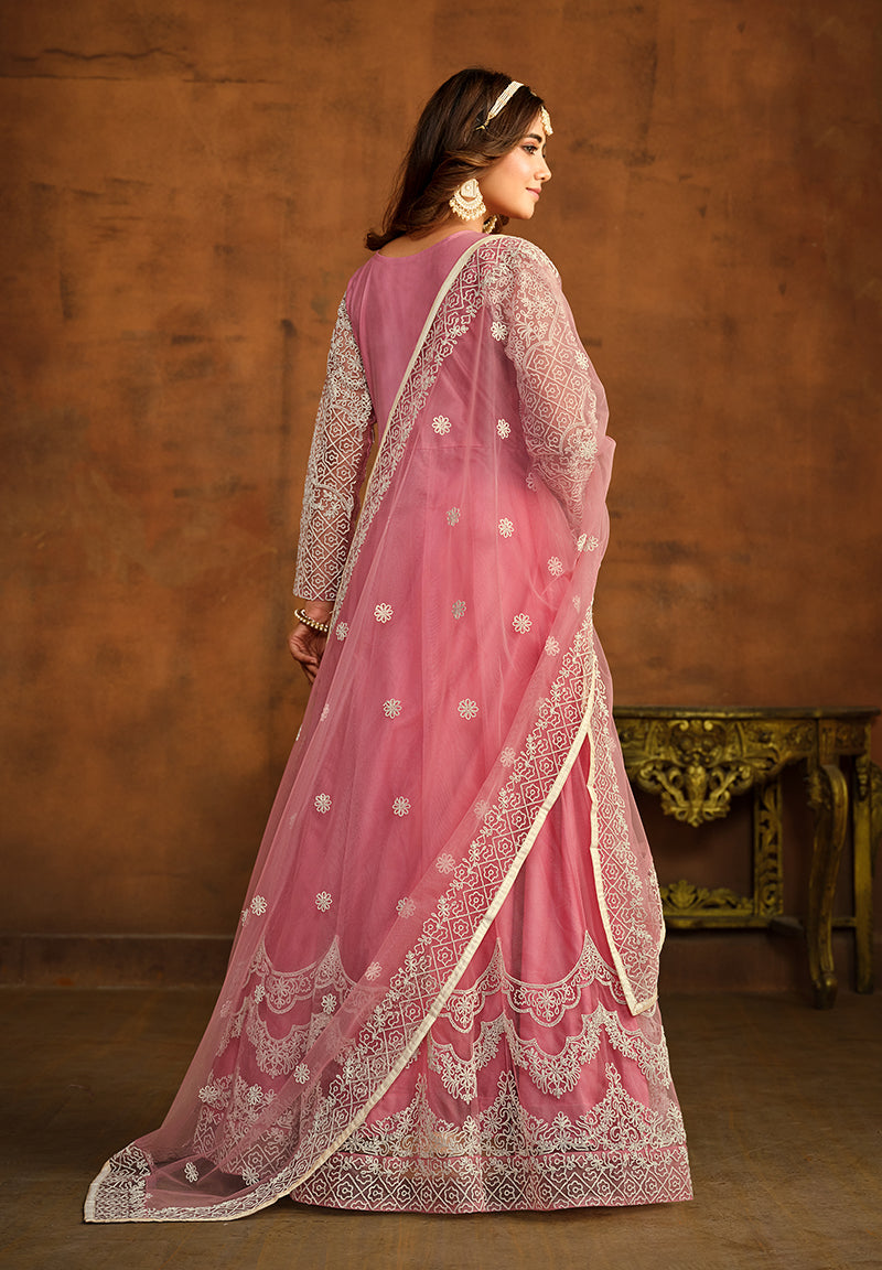 Light Pink Net Designer Floor Length Anarkali Suit - Monjolika Fashion