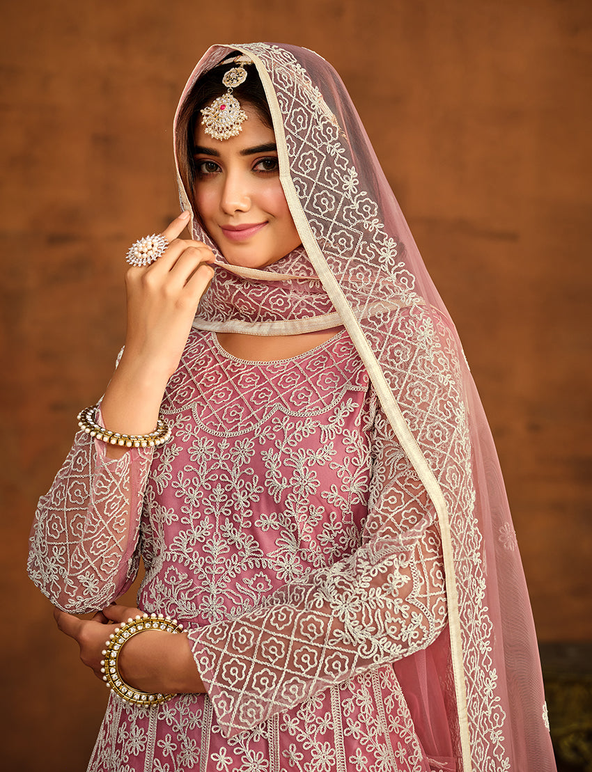 Light Pink Net Designer Floor Length Anarkali Suit - Monjolika Fashion