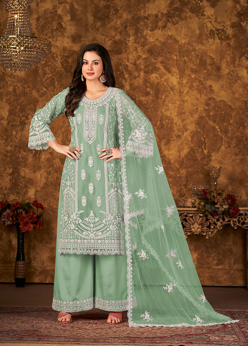 Sea Green Net Embroidered Stunning Palazzo Suit