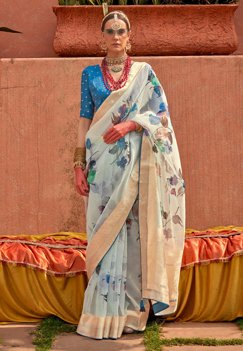 Aqua Blue Organza Digital Print Saree