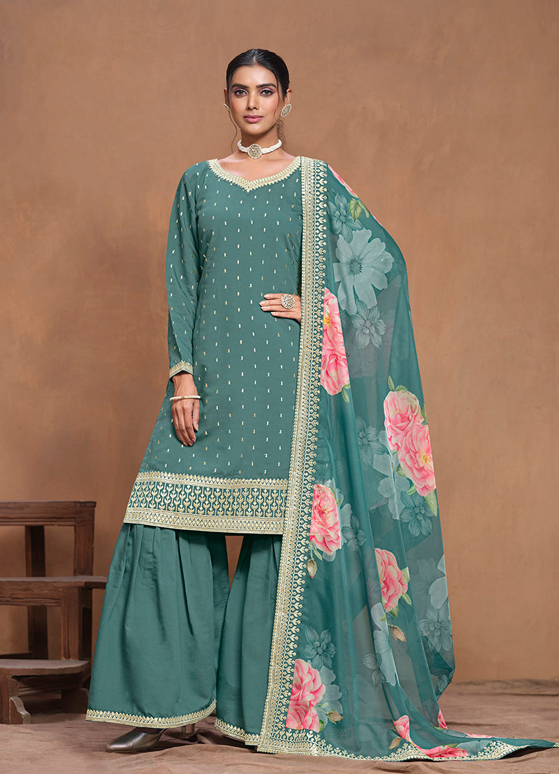 Sea green Silk Embroidered Trendy Palazzo Salwar Kameez
