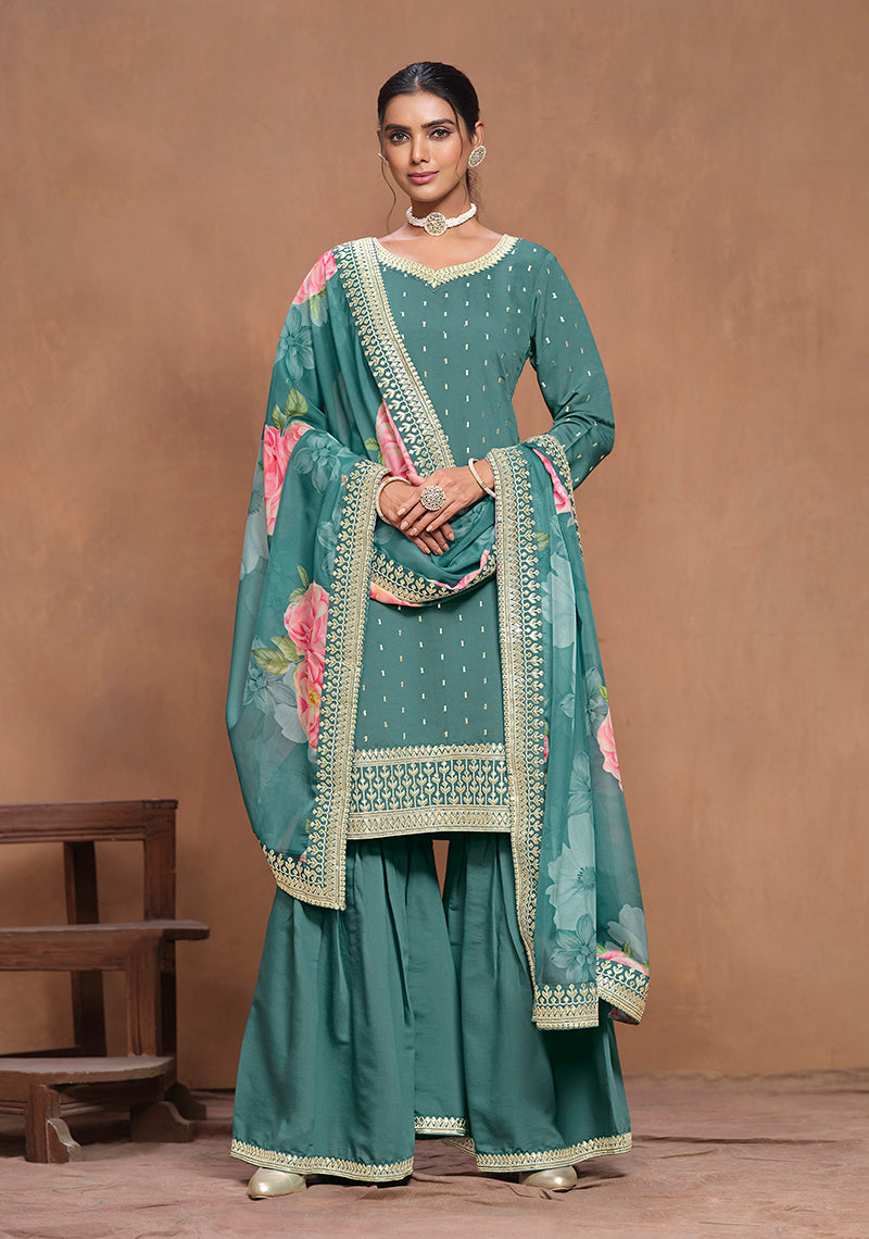 Sea green Silk Embroidered Trendy Palazzo Salwar Kameez