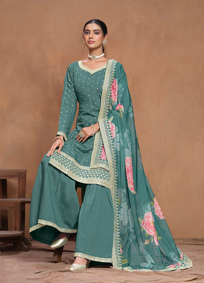 Sea green Silk Embroidered Trendy Palazzo Salwar Kameez