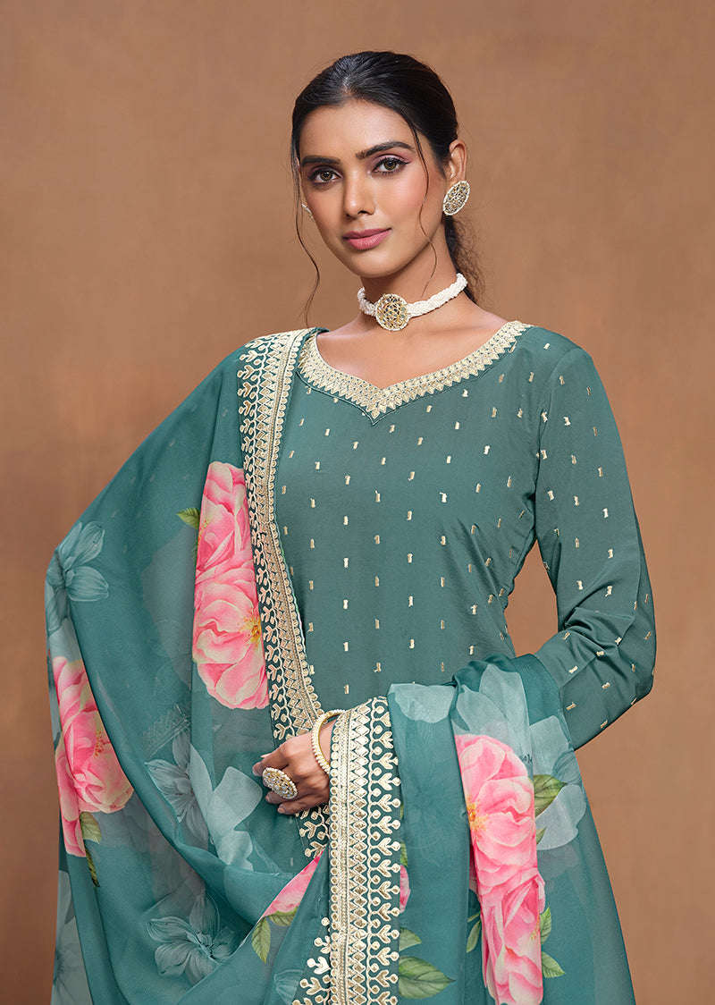 Sea green Silk Embroidered Trendy Palazzo Salwar Kameez