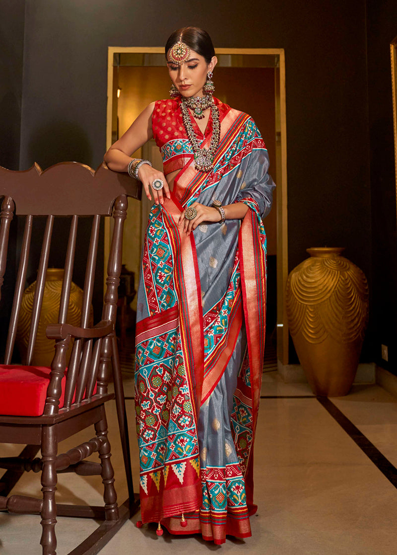 Grey Silk Patola Print Designer Saree