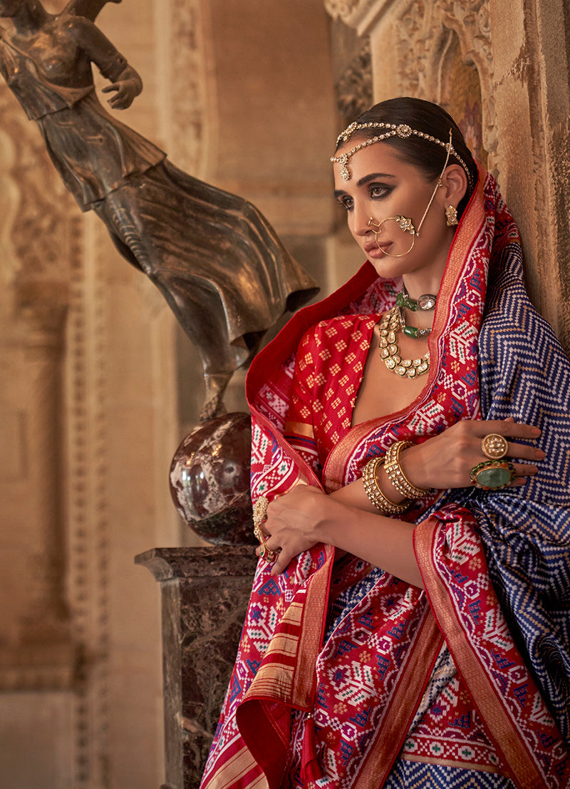 Navy Blue Silk Patola Print Work Saree
